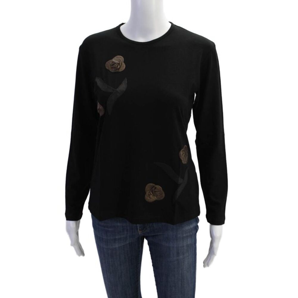 Natto Womens Floral Applique Long Sleeve Stretch Basic Shirt Black Size 1XL